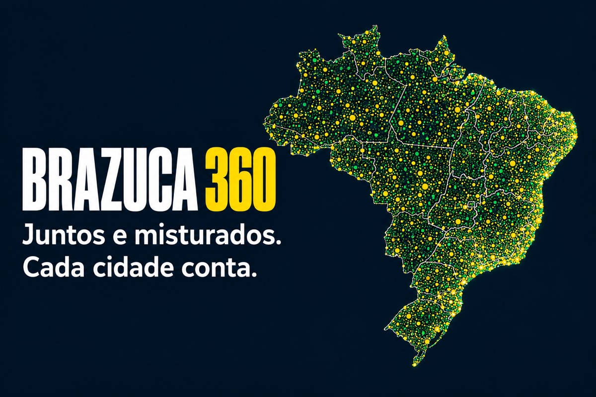 Ilustração do Brasil com pontos verdes e amarelos misturados. BRAZUCA 360: juntos e misturados, cada cidade conta.